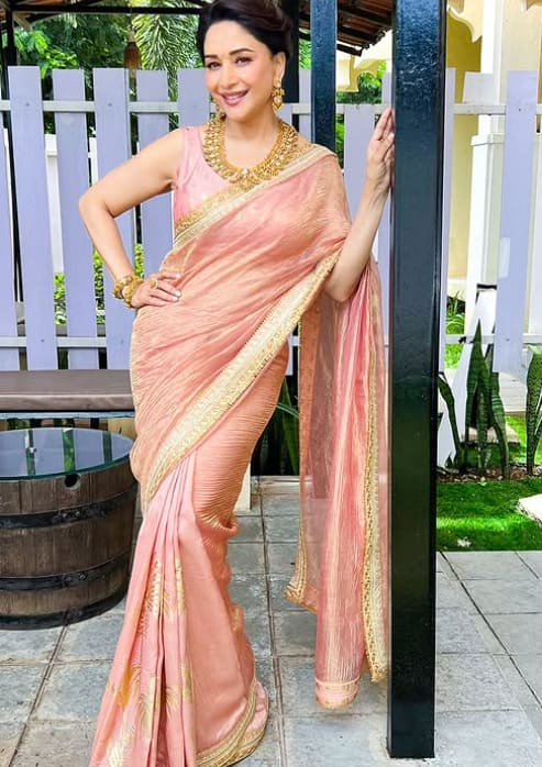 दिवाली पर एलिगेंट लगना है तो माधुरी दीक्षित का ये साड़ी लुक परफेक्ट रहेगा. एक्ट्रेस ने साड़ी के साथ गले में हैवी गोल्ड का नेकलेस भी पहना है. इस लुक को रिक्रिएट कर आप पूरी महफिल लूट सकती हैं.