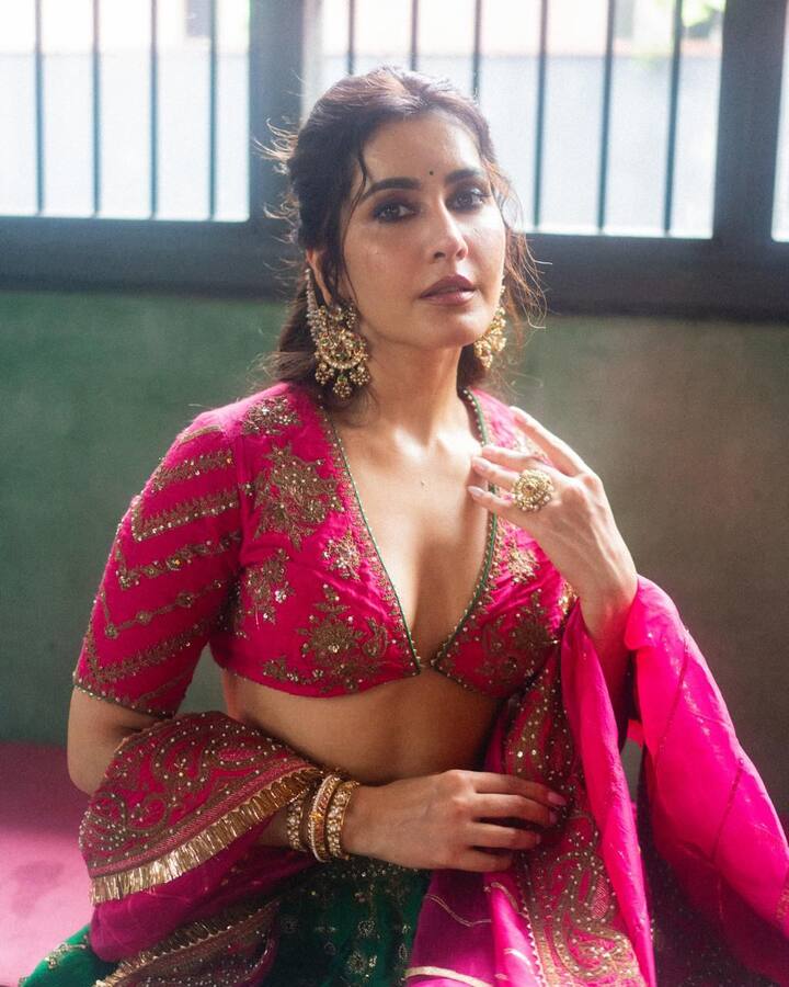 Festive Dream: When it’s time to go all out, Raashii’s green and pink lehenga by Torani is a showstopper. Featuring intricate detailing, vibrant hues, and traditional jewellery, this ensemble is the ultimate pick for weddings, receptions, or Diwali nights. (All Image: Rashii Khanna/Instagram.)