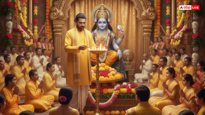 गुरुवार को भगवान विष्णु की आरती 'ॐ जय जगदीश हरे' गाते हुए और घंटी बजाकर करनी चाहिए. आरती करते समय दीपक का मुख पूर्व या उत्तर दिशा की ओर रखें और दीपक में घी या तिल का तेल डालें. आरती के दौरान, भगवान के चरणों को चार बार, नाभि को दो बार, मुख को एक बार और फिर ऊपर से नीचे तक सात बार घुमाएं.