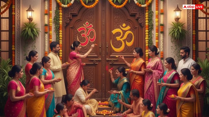 घर के मुख्य द्वार पर हल्दी और चावल का पेस्ट बनाकर 'ॐ' का चिन्ह बनाएं. यह मां लक्ष्मी के स्वागत के लिए किया जाता है.