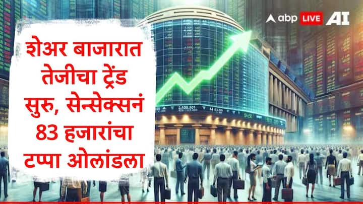 Share Market : भारतीय शेअर बाजारात जोरदार तेजी पाहायला मिळाली आहे. सेन्सेक्सनं 83 हजारांचा टप्पा पार केला. तर, निफ्टीमध्येही तेजी दिसून आली.