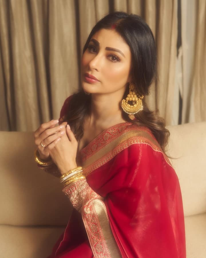 Mouni Roy is looking very beautiful and elegant in this look. She has left her hair open and styled it with hair accessories. This type of hairstyle can never go wrong for the festive season.
