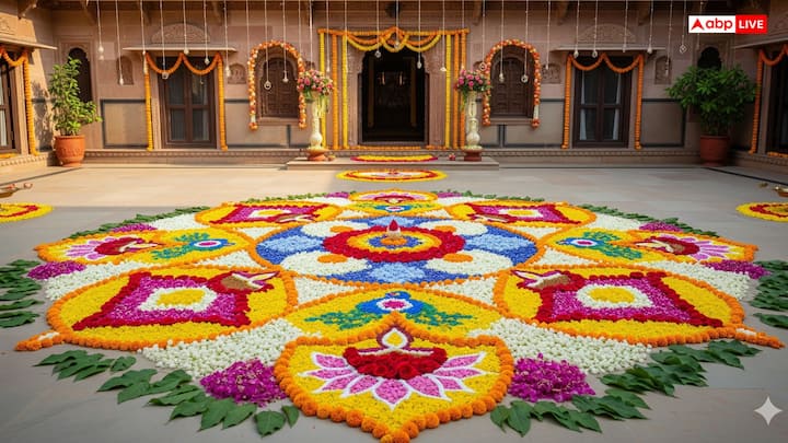 आंगन में खूबसूरत फूलों और डिजाइन वाली रंगोली बनाने से भगवान प्रसन्न हो सकते हैं, क्योंकि रंगोली बनाना शुभ माना जाता है और यह घर में सकारात्मकता और समृद्धि लाता है. यह देवी-देवताओं के स्वागत का प्रतीक है और यह घर बेहतर ढंग से सजाता है; यह रंगोली धनतेरस के पर्व में चार चांद लगा देगा.