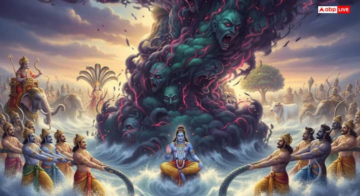 समुद्र मंथन के लिए मंदार पर्वत को मथनी और वासुकी नाग को रस्सी बनाया गया. देवता और असुर दोनों ने मिलकर समुद्र मंथन शुरू किया. इस मंथन से कालकूट विष के साथ-साथ अमृत, लक्ष्मी, कामधेनु, ऐरावत, चंद्रमा, शंख और अन्य 14 रत्न निकले.