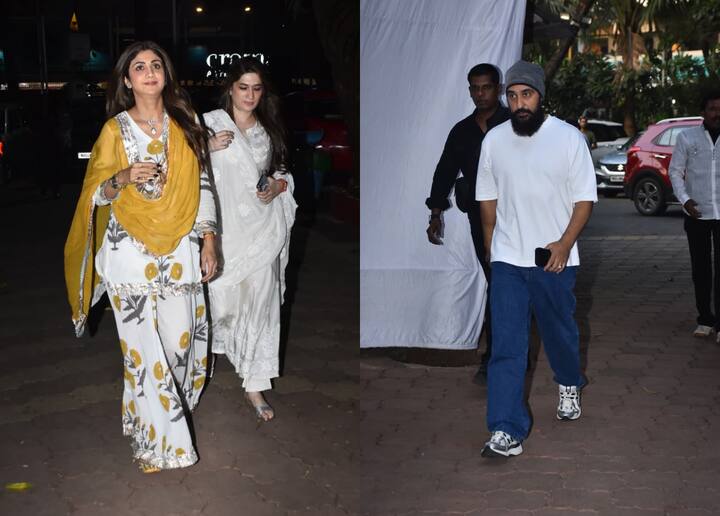 Shilpa Shetty also attended the prayer meet with husband Raj Kundra. The actress was seen in a printed corset during this time.