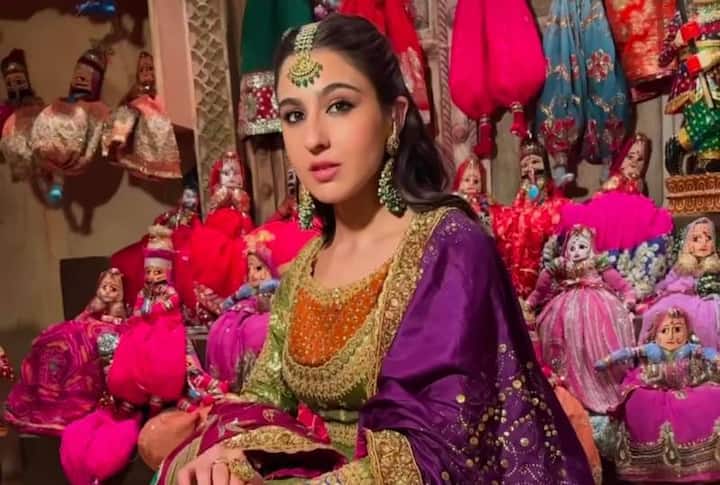 From Lehengas To Sarees: Sara Ali Khan’s Best Ethnic Looks To Ace The Festive Season The Modern Maharani Vibe: Channel regal energy like Sara in her olive-green anarkali set, detailed with intricate gold zari, thread, and bead embroidery. She paired it with a pink flared skirt, multicoloured patchwork dupatta, chandbalis, and a statement maang tika — the epitome of modern maharani glamour.