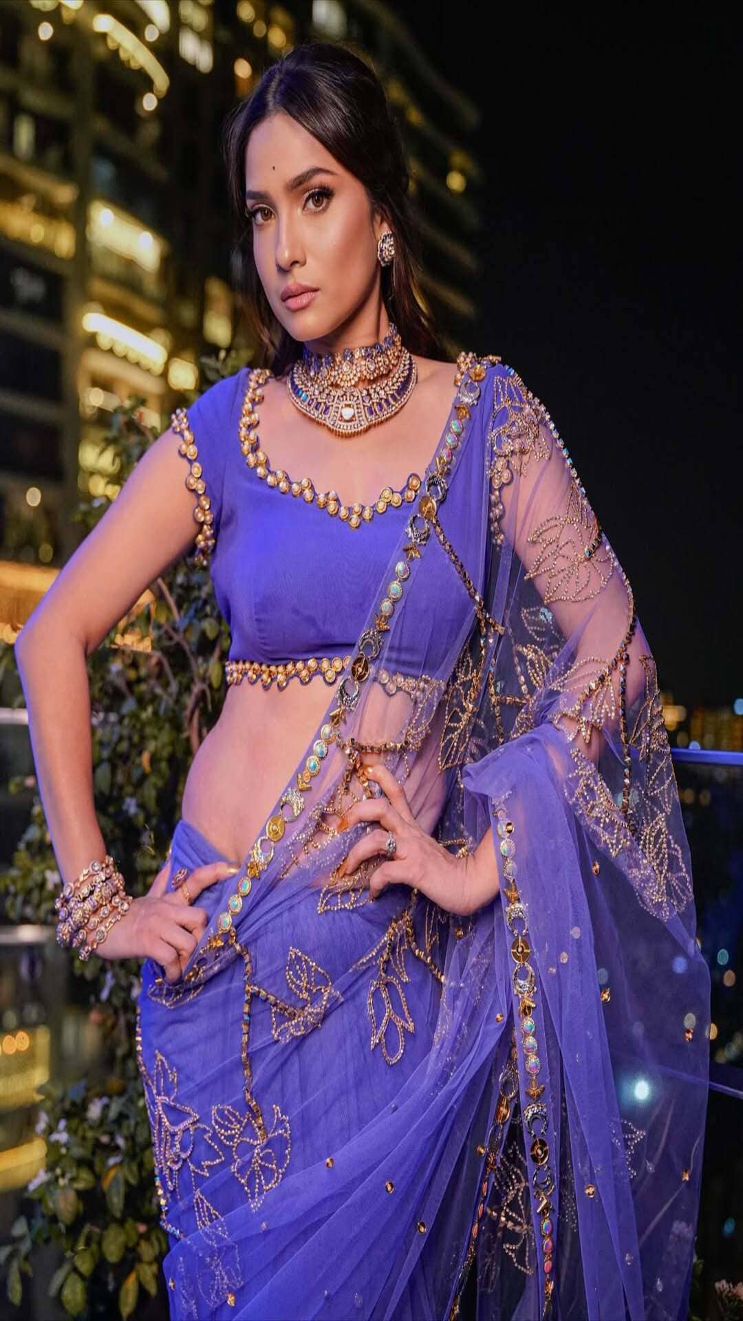 Ankita Lokhande Dazzles In Royal Blue Saree With Golden Embroidery Ankita Lokhande Dazzles In Royal Blue Saree With Golden Embroidery