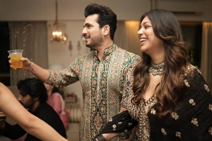 Arjun Bijlani, the winner of 'Rise and Fall', also reached Sargum and Ravi's Diwali party with his wife.