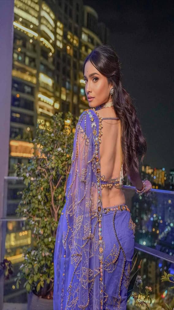 Ankita Lokhande Dazzles In Royal Blue Saree With Golden Embroidery