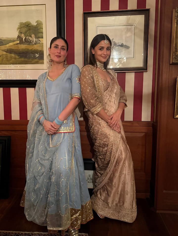 Kareena looked radiant in a beautiful Rajasthani ensemble, while Alia Bhatt opted for a shimmering golden saree paired with a matching jacket, exuding timeless elegance.