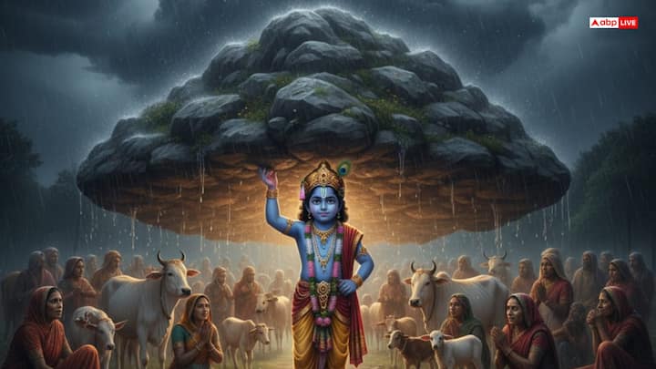 कहा जाता है कि तभी कृष्ण ने अपनी छोटी उंगली पर गोवर्धन पर्वत उठा लिया. वह पर्वत वृन्दावन के लोगों और मवेशियों के लिए एक विशाल छतरी बन गया. सात दिन और सात रात तक बारिश हुई, पर किसी को कोई नुकसान नहीं पहुंचा.