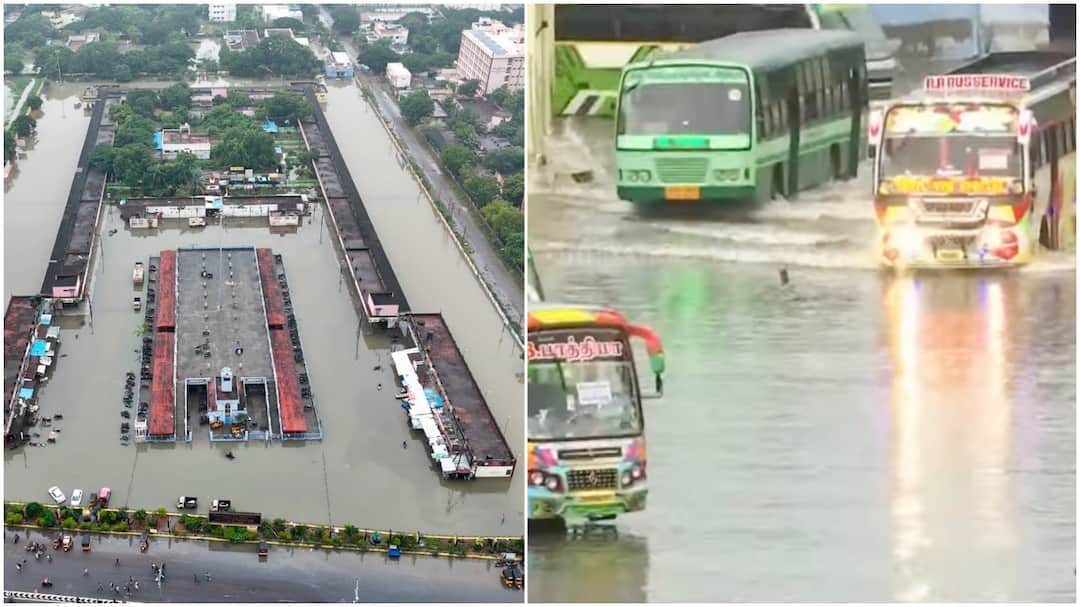 Rainwater accumulated like a pond at the new bus stand during the heavy rains in Villupuram நீரில் மூழ்கிய பேருந்து நிலையம்; சாதாரண மழைக்கே தாக்குப்பிடிக்காத விழுப்புரம்...