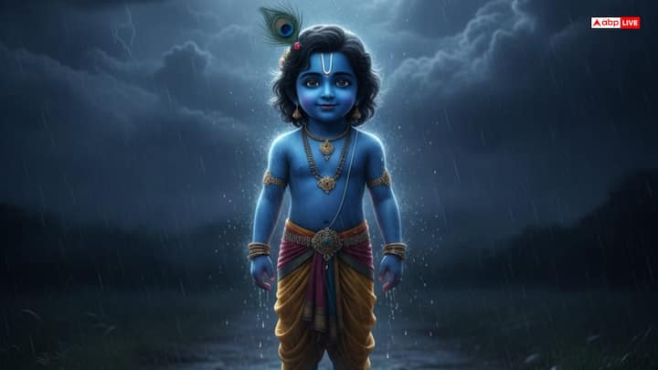 वृन्दावन में चारों ओर अंधेरा छा गया. तभी चरवाहा बाल रूप में कृष्ण शांत और प्रसन्न मुस्कान के साथ खड़े थे. उनके भीतर न केवल बालपन की चंचलता थी, बल्कि एक दिव्य शक्ति भी थी. जो यह भयावहता को देख रही थी.