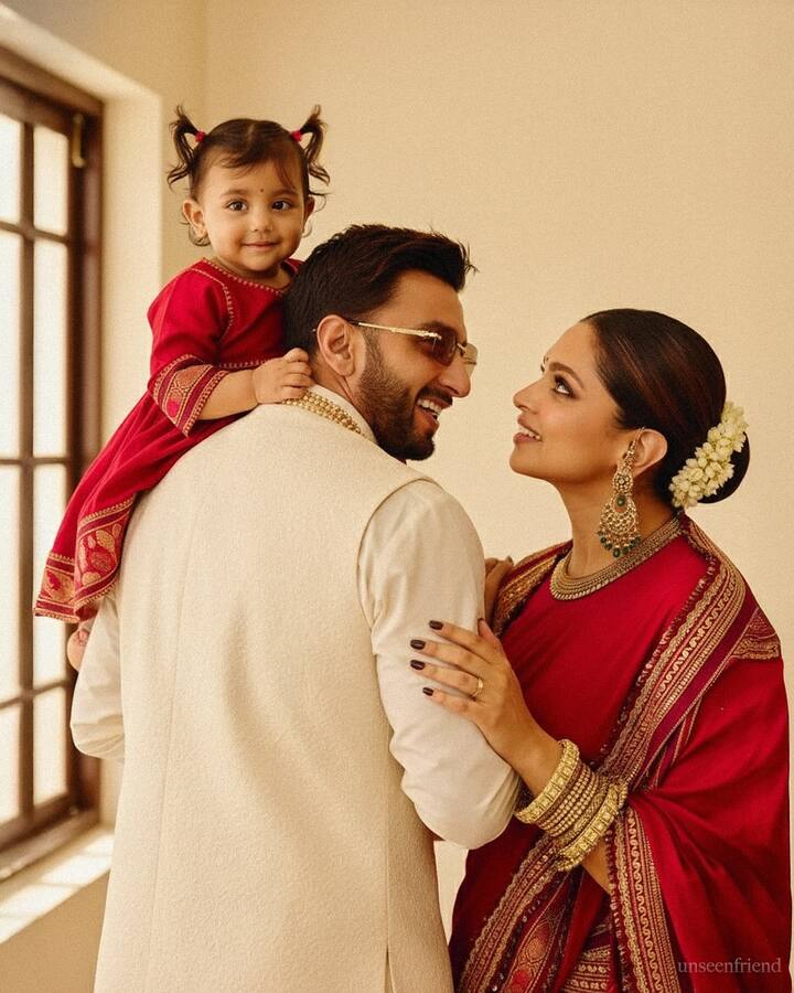 दो चोटी में दुआ बहुत प्यारी लग रही हैं. वहीं रणवीर के लुक बात करें तो उन्होंने व्हाइट कलर का कुर्ता-पजामा पहना है.