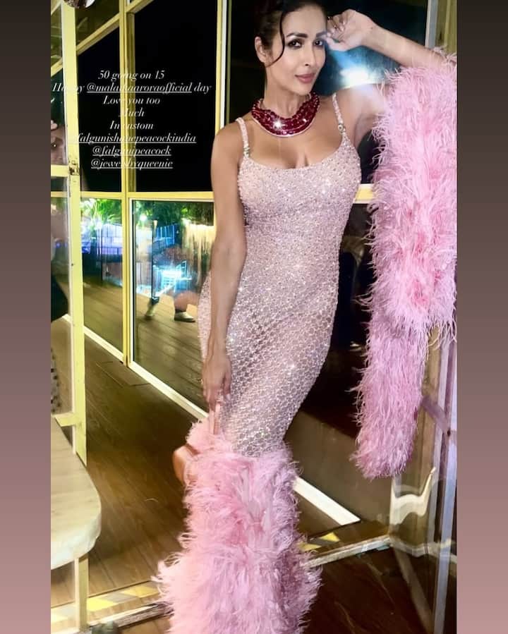 Malaika wore two looks in the birthday celebration. In one she was seen in a short dress. In the second, the actress was seen radiating beauty in a shimmery bodycon pink gown.