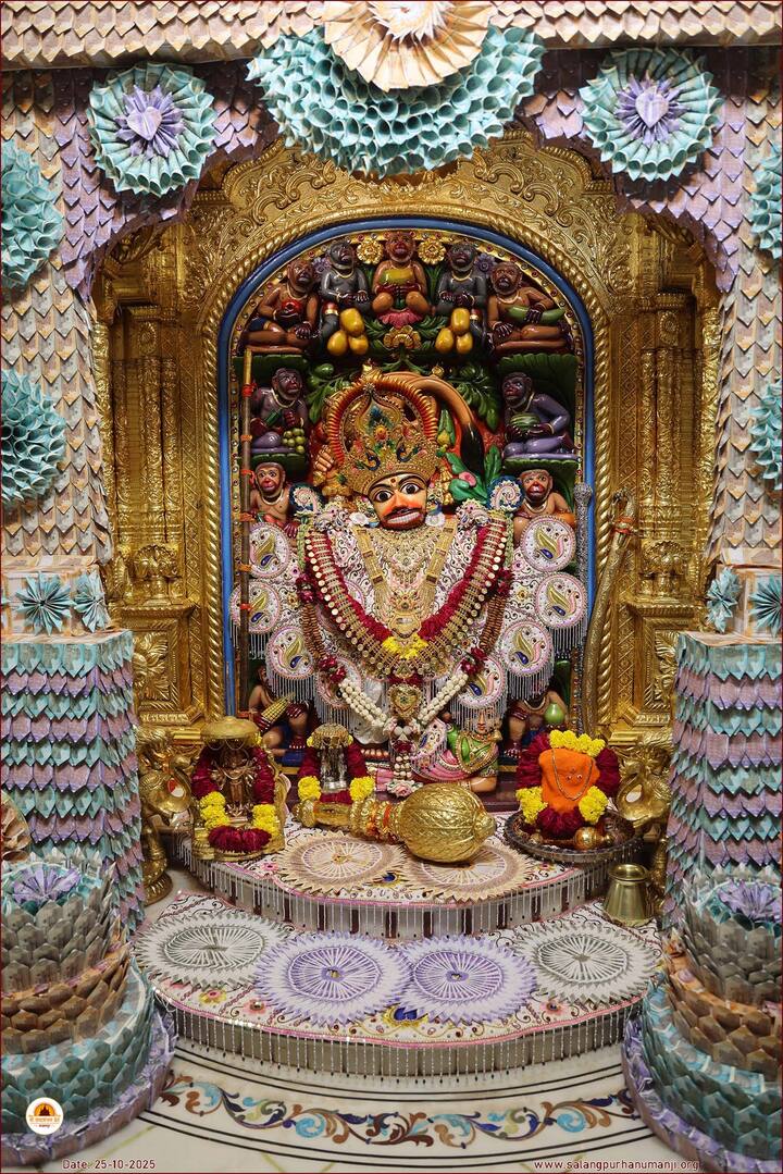 આજના પવિત્ર દિવસે કષ્ટભંજન દેવ હનુમાનજી દાદાને વૃંદાવન માં પાંચ દિવસ ની મહેનતે ખાસ તૈયાર કરાયેલા વાઘા પહેરાવવામાં આવ્યા હતા. પૂજારી સ્વામીએ આ શણગાર વિશે વધુ માહિતી આપતાં જણાવ્યું કે આ વાઘા પ્યોર સિલ્ક ના કાપડમાંથી બનાવવામાં આવ્યા છે, જેમાં સુંદર એમ્બ્રોઇડરી વર્ક નું કૌશલ્ય જોવા મળે છે.