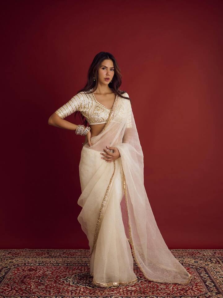 एक्ट्रेस के लुक की बात करें तो उन्होंने व्हाइट कलर की साड़ी पहनी है. जिसे उन्होंने मैचिंग वर्क वाले ब्लाउस के साथ कैरी किया है.