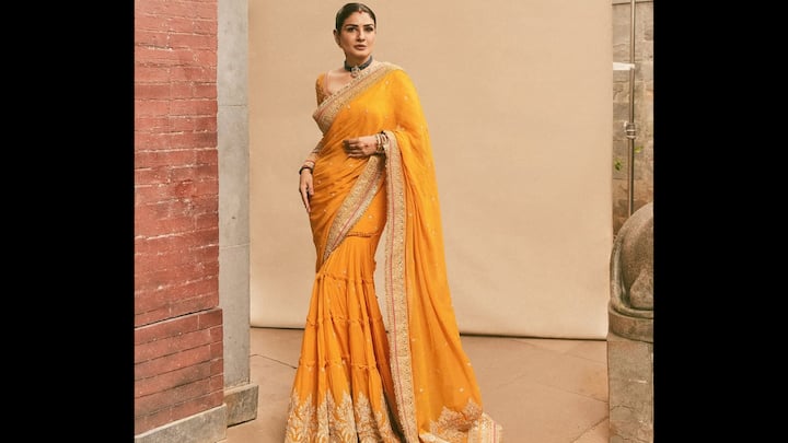 1. Regal Yellow Embellished Saree: Dressed in a stunning sunshine-yellow saree adorned with delicate embroidery, the actress effortlessly channels festive sophistication. The saree’s intricate border work and subtle sequin detailing add just the right amount of shimmer, making it perfect for wedding festivities. Paired with a matching embroidered blouse and traditional bangles, Raveena’s look exudes old-world charm blended with modern poise. Her sleek bun and statement choker necklace elevate the ensemble, balancing tradition with a contemporary edge. The flowy fabric drapes gracefully, enhancing her silhouette and radiating warmth and confidence. (Image Source: Instagram/@officialraveenatandon)