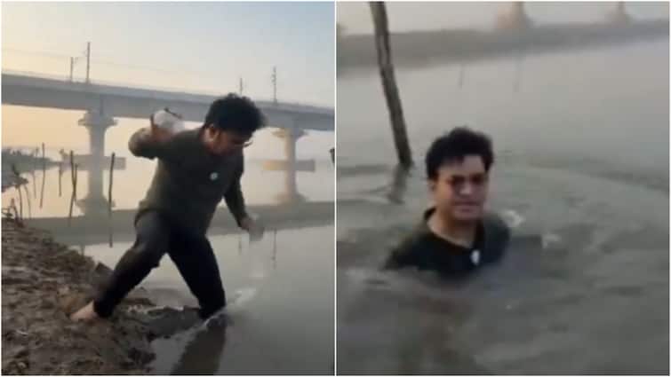 Delhi BJP MLA Slips And Falls Into Yamuna While Filming Reel: Video Delhi BJP MLA Slips And Falls Into Yamuna While Filming Reel: Video