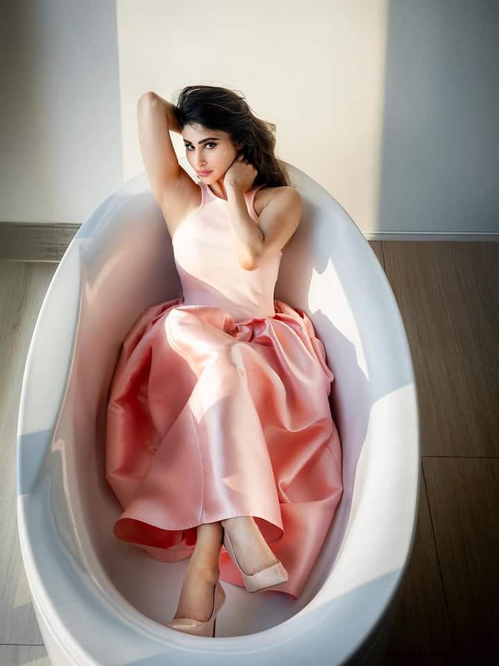 In this picture, Mouni is lying inside a bathtub in a baby pink colored satin gown, which is giving a glamorous and elegant look. The upper part of the gown is of fitted halter-neck and the lower part is like a ball gown, which is adding drama to the photo. She is wearing nude-pink colored pointed heels. This whole look is soft and very stylish.