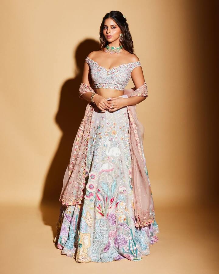 Suhana is wreaking havoc in this heavy work lehenga. She has made this look even more special by carrying simple accessories. Suhana is looking very beautiful in subtle makeup and open hair.