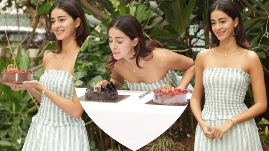 27 साल की हुईं अनन्या पांडे, मीडिया संग काटा केक, ऑफ शोल्डर चेक ड्रेस में क्यूट दिखीं बर्थडे गर्ल