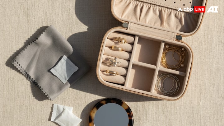 एक मिनी ज्वेलरी किट बनाएं: विभाजित खंडों वाला एक छोटा यात्रा आयोजक पैकिंग को आसान बनाता है। त्वरित पॉलिशिंग के लिए एक माइक्रोफ़ाइबर कपड़ा और नमी के निर्माण को रोकने के लिए कुछ सिलिका जेल पैकेट जोड़ें। (छवि स्रोत: एबीपी लाइव एआई)