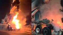 हापुड़ में NH-9 पर हाइड्रा क्रेन में लगी आग, चालक ने कूदकर बचाई जान, टला बड़ा हादसा