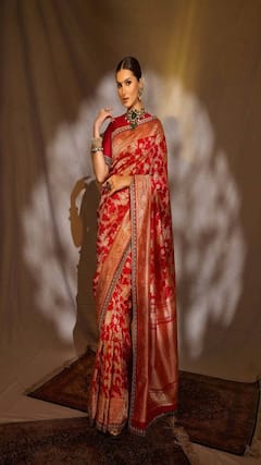 Tara Sutaria Channels Royal Charm In Red Banarasi Saree