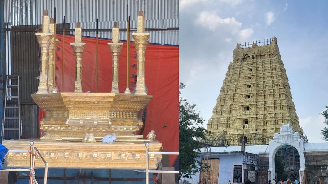 காஞ்சிபுரம் ஏகாம்பரநாதர் கோயில்: 23 கிலோ தங்கத் தேர்! விரைவில் வெள்ளோட்டம்! பக்தர்கள் மகிழ்ச்சி! 23-foot-tall golden chariot worth Rs 29 crore is being prepared for the Ekambaranathar Temple in Kanchipuram TNN காஞ்சிபுரம் ஏகாம்பரநாதர் கோயில்: 23 கிலோ தங்கத் தேர்! விரைவில் வெள்ளோட்டம்! பக்தர்கள் மகிழ்ச்சி!