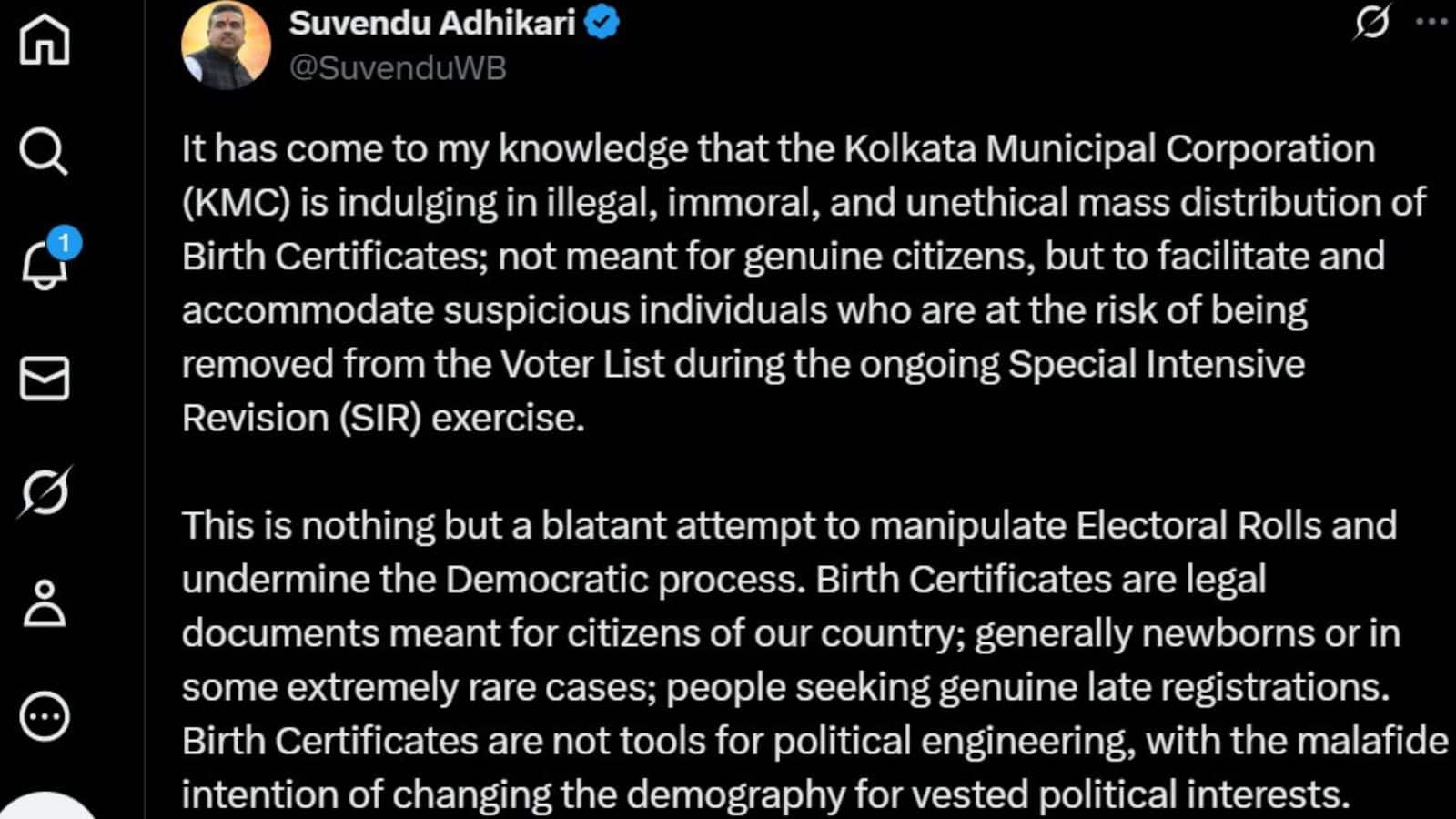 Bengal SIR Row : 'কলকাতা পুরসভার প্রশ্রয়ে অবৈধভাবে বার্থ সার্টিফিকেট বিলি হচ্ছে..',SIR সংঘাতে এবার বিস্ফোরক অভিযোগ শুভেন্দুর