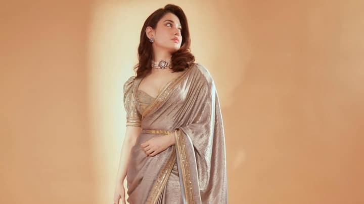 Tamannaah Bhatia radiates old-world glamour in this glossy golden saree with delicate borders and a finely embroidered blouse. Her diamond choker, soft curls, and dewy makeup elevate the minimal yet luxurious look effortlessly. (Image Source: Instagram/ stylebyami)