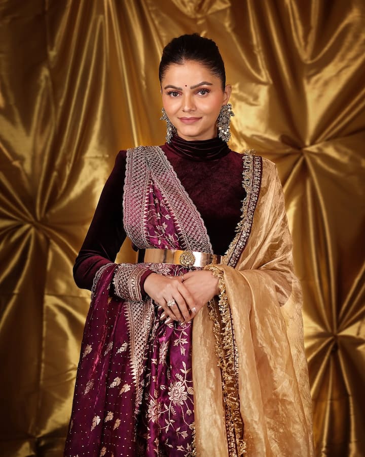 इन तस्वीरों में रुबीना का ट्रेडिशनल लुक देखने को मिल रहा है. उन्होंने वेलवेट के ब्लाउज के साथ सलवार-सूट को साड़ी की तरह पेयर किया है.