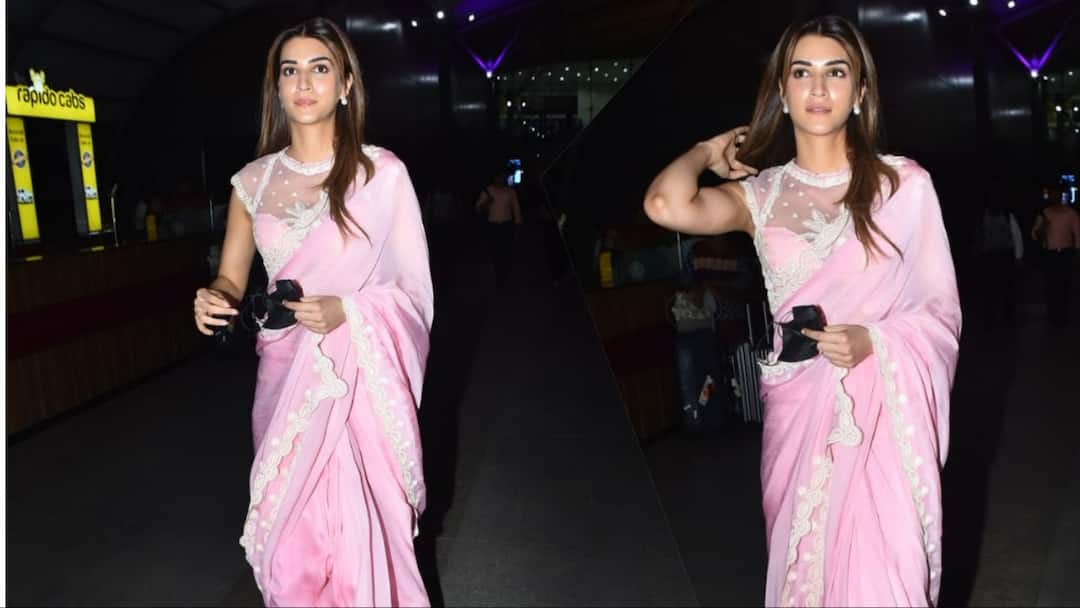 कृति सेनन ने एयरपोर्ट पर फ्लॉन्ट किया देसी लुक, पिंक साड़ी में पैप्स को जमकर दिए पोज
