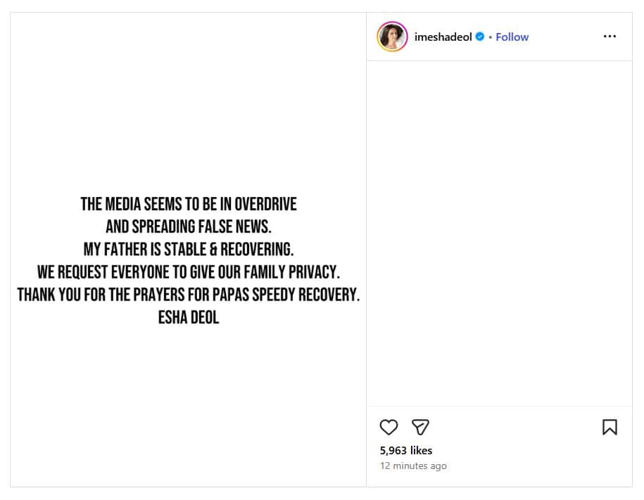 Esha Deol Claims Dharmendra 'Stable & Recovering', Hema Malini Condemns False Reporting