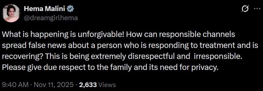 Esha Deol Claims Dharmendra 'Stable & Recovering', Hema Malini Condemns False Reporting