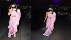 પિંક સાડીમાં બ્લેક માસ્ક સાથે એરપોર્ટ પર સ્પોર્ટ થઈ કૃતિ સેનન