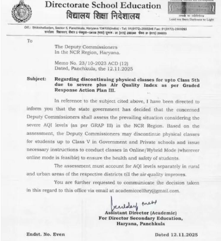 ਪੰਜਵੀਂ ਤੱਕ ਦੇ ਸਕੂਲ ਰਹਿਣਗੇ ਬੰਦ; ਵੱਧਦੇ ਪ੍ਰਦੂਸ਼ਣ ਕਾਰਨ ਸਿੱਖਿਆ ਵਿਭਾਗ ਦਾ ਫੈਸਲਾ, ਸਾਰੇ DC ਨੂੰ ਦਿੱਤਾ ਅਧਿਕਾਰ
