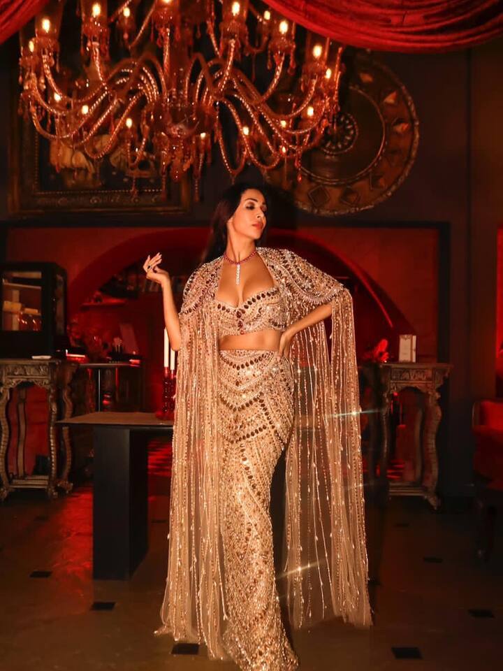 The lehenga featured intricate golden embroidery with shimmering sequin work, reflecting light beautifully with every move.