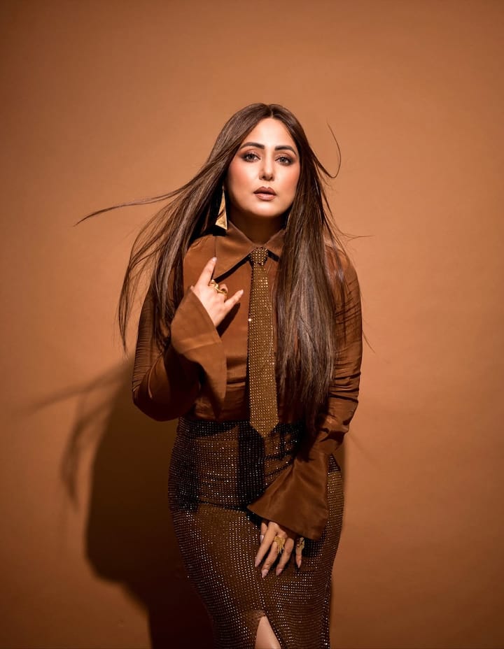 इन लेटेस्ट तस्वीरों में हिना खान ब्राउन सिल्क शर्ट के साथ शिमरी मैचिंग स्कर्ट पहने हुए नजर आ रही हैं.