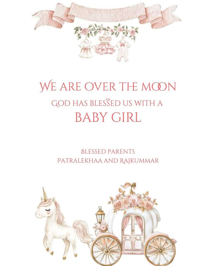 Rajkummar and Patralekhaa announced the birth of their first child on social media with a heartfelt message: “We are over the moon. God has blessed us with a baby girl... Blessed parents Patralekhaa and Rajkumaar (sic).” The caption read, “(heart and folded hands emojis) The greatest blessing God has given us on our 4th wedding anniversary.