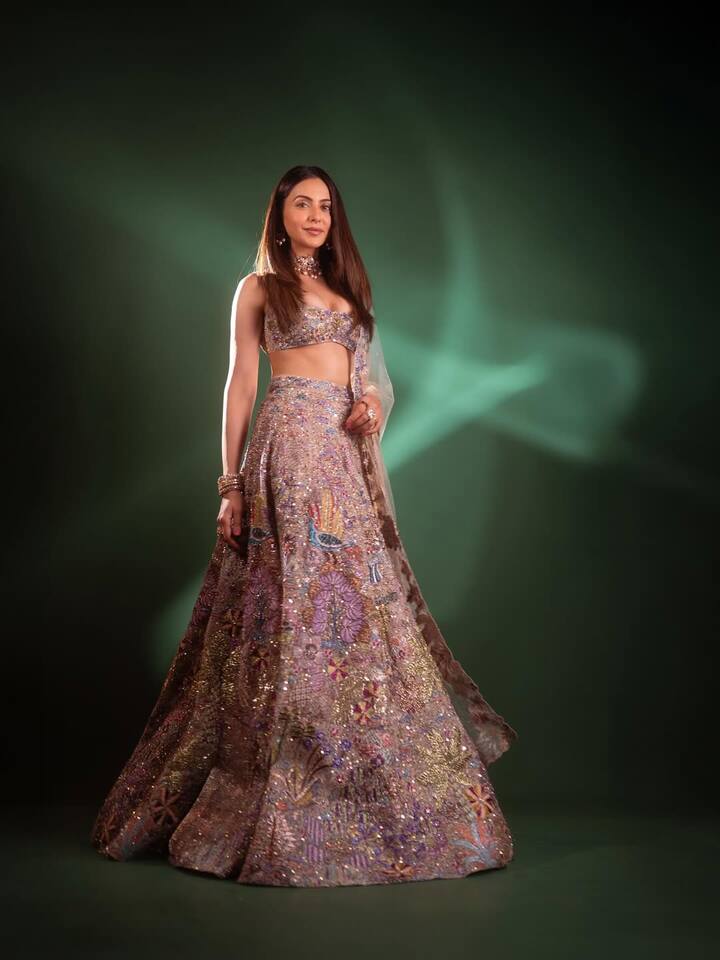 The actress is looking amazing in this heavy work lehenga. To complete the look, she has done subtle make-up and straight hair. This traditional look of hers looks quite royal.