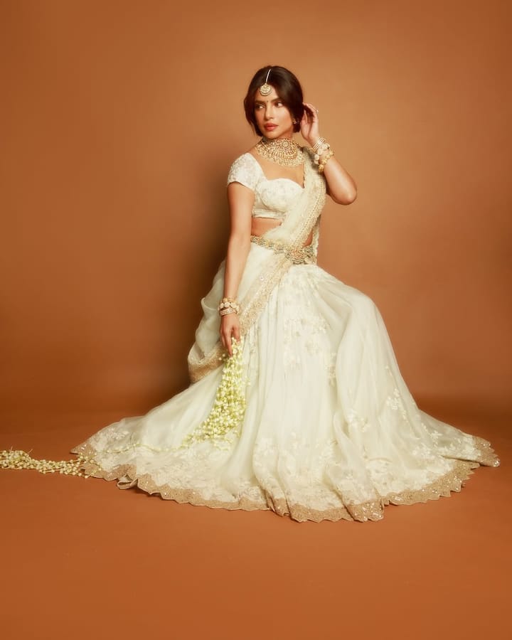 She also carried matching jewellery, made her look even more desi by wearing a heavy necklace and a mangtika.