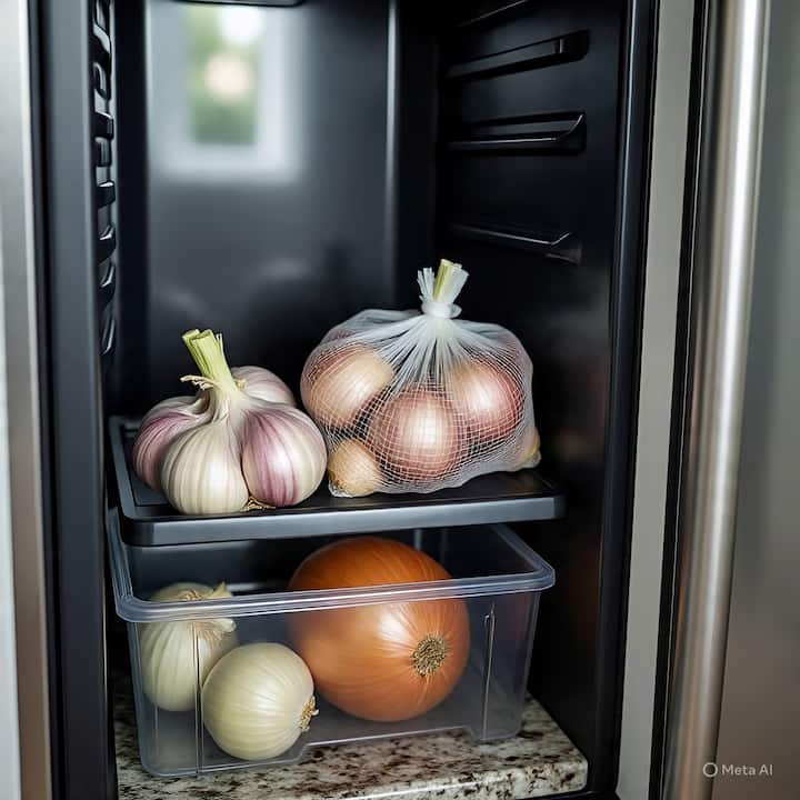 फ्रिजमध्ये ठेवलेलं लसूण काही दिवसांत अंकुरते, कडू चव देते आणि ओलाव्यामुळे बुरशीही येऊ शकते.