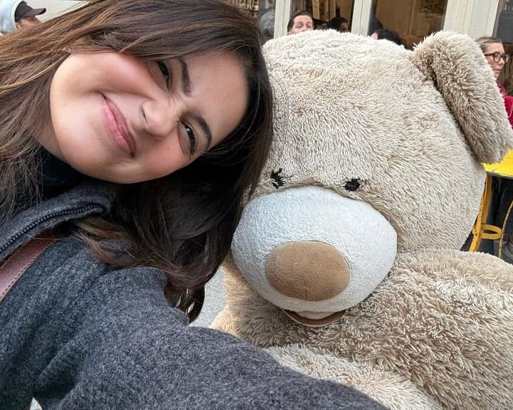In these photos, the actress was seen clicking pictures with a teddy bear.