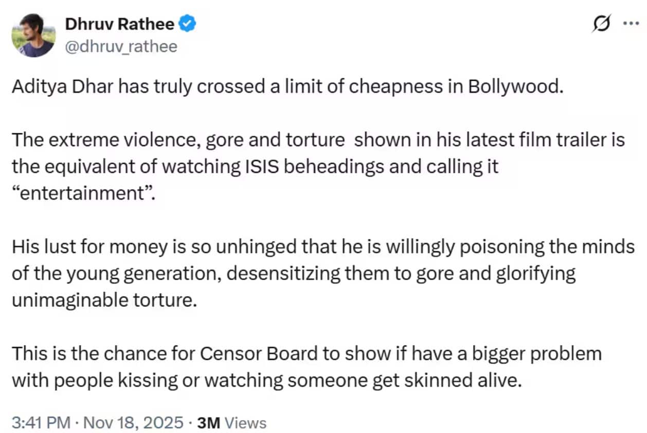 आदित्य धर हैं पैसों के लालची', 'धुरंधर' का ट्रेलर देख भड़के ध्रुव राठी, बोले- टॉर्चर को ग्लोरीफाई कर रहे हैं