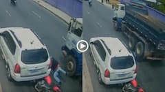 Video: रोड किनारे खड़ी कार से टकराया बाइक सवार, ट्रक के नीचे आया, एक सेकंड में मौत, देखें वीडियो