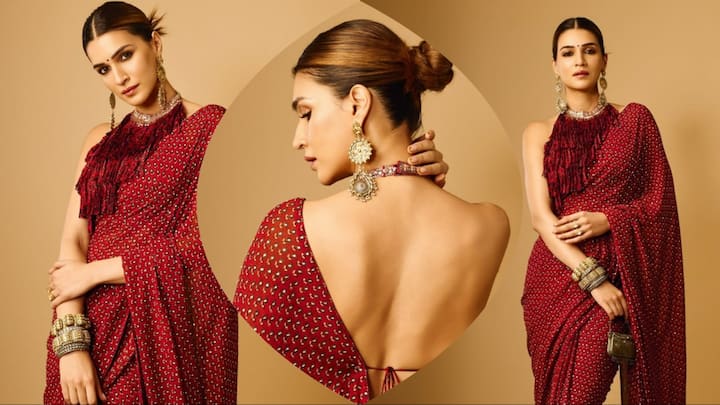 Kriti Sanon Desi Look: कृति सेनन न एक बार फिर अपने देसी लुक से फैंस को चैन और करार छीन लिया है. एक्ट्रेस इस बार मैरून साड़ी में कहर ढहाती हुई नजर आ रही हैं.