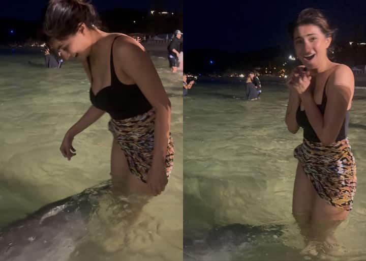 Palak has enjoyed a lot in the sea. In these photos, she is seen having fun with the fishes.