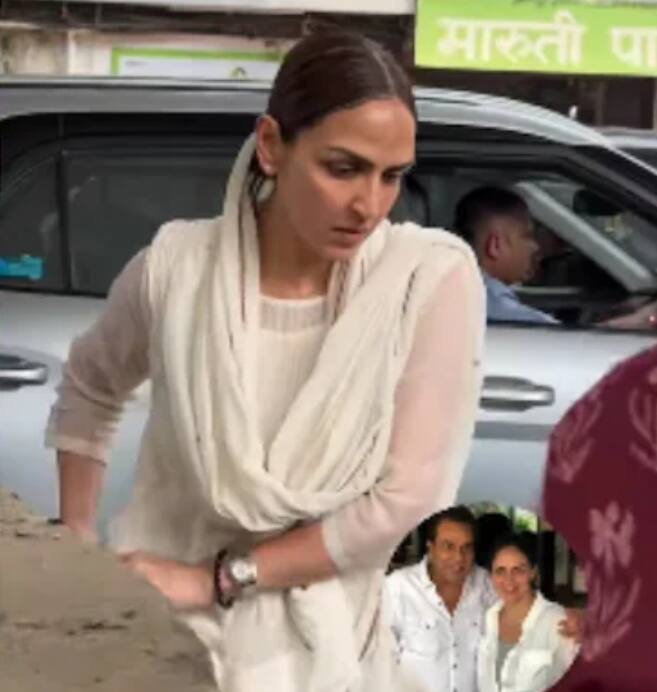 धर्मेंद्र आणि हेमा मालिनी यांची मुलगी ईशा देओलही काही वेळात अंत्यसंस्काराच्या ठिकाणी पांढऱ्या सूटमध्ये दाखल झाली.